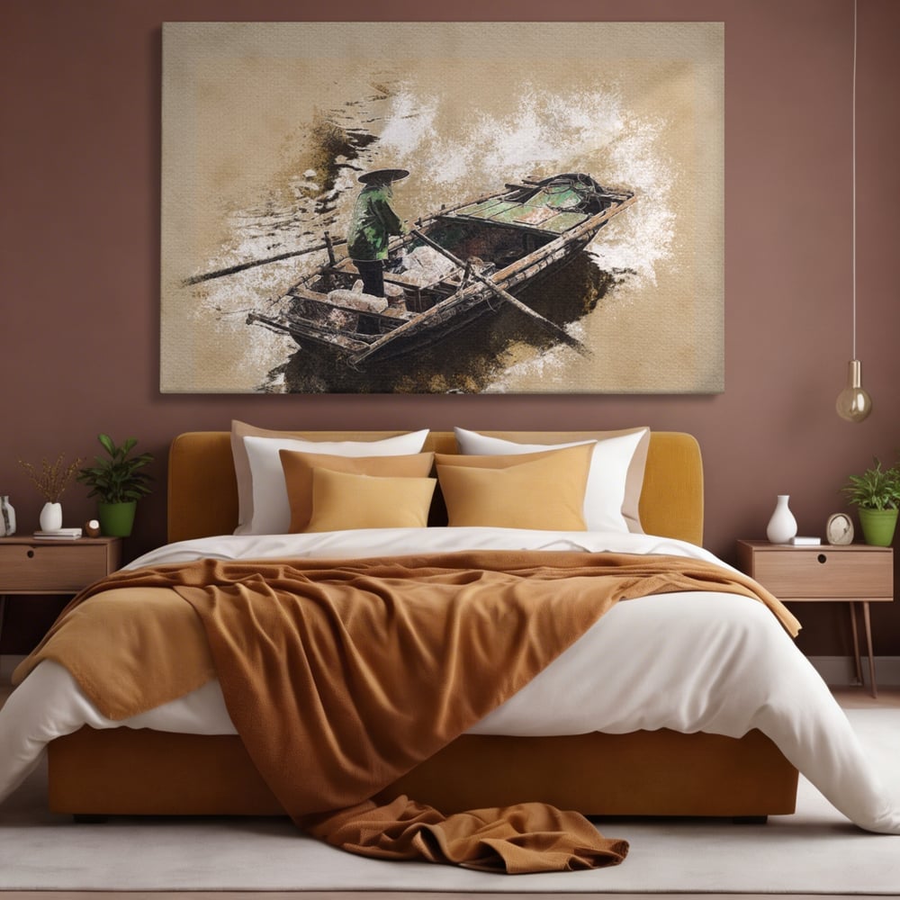 Tablou canvas cu tablou canvas cu pescar pe barca, fara rama, pe sasiu de lemn, pe perete intr-un dormitor